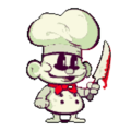 Charakter Koch mit blutigem Messer mithilfe KI und Photoshop generiert. Prompts: a chef with a knife in his hand in the style of Cuphead