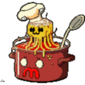 Character Spaghettitopf mithilfe KI generiert. Prompts: a cooking pot with spaghetti noodles comic style of cuphead