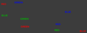 Verschiedene Wörter mit verschiedenen Farben zufällig auf dem Bildschirm verteilt.