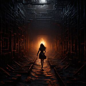 Dark-old-maze-where-a-woman-runs-through-with-a-torch.jpg