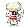 Charakter Koch ohne blutigem Messer mithilfe KI und Photoshop generiert. Prompts: a chef with a knife in his hand in the style of Cuphead